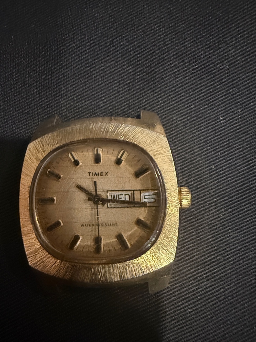 VTG 70s Timex Cushion Watch Automatic Day Date Gold Tone Striped Sunburst